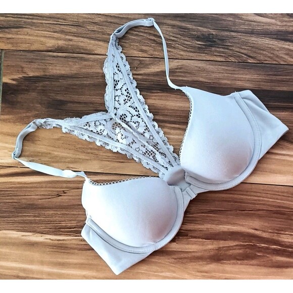 Victoria’s Secret Body by Victoria Bra Sz 32C Gray Front Close Lined Demi Lace - Picture 1 of 6